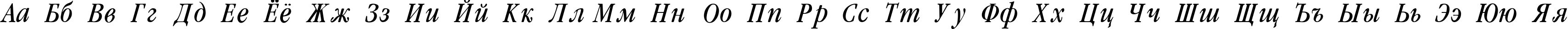 Пример написания русского алфавита шрифтом Garamondcond-Light-Italic