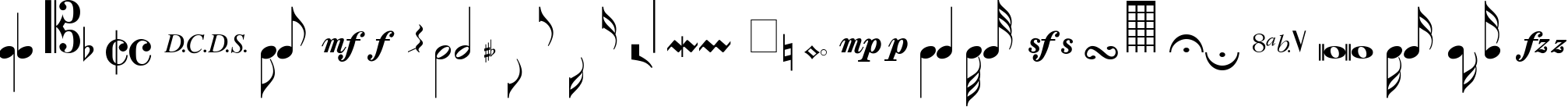 Пример написания английского алфавита шрифтом MusicalSymbols